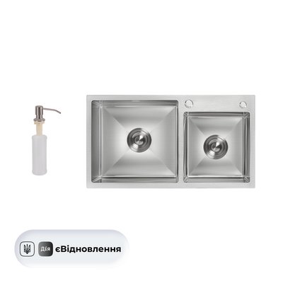 Мийка для кухні з двома чашами інтегрована Lidz Handmade H7843 (LDH7843BRU35387) Brushed Steel 3,0/1,0 мм SD00041491 фото